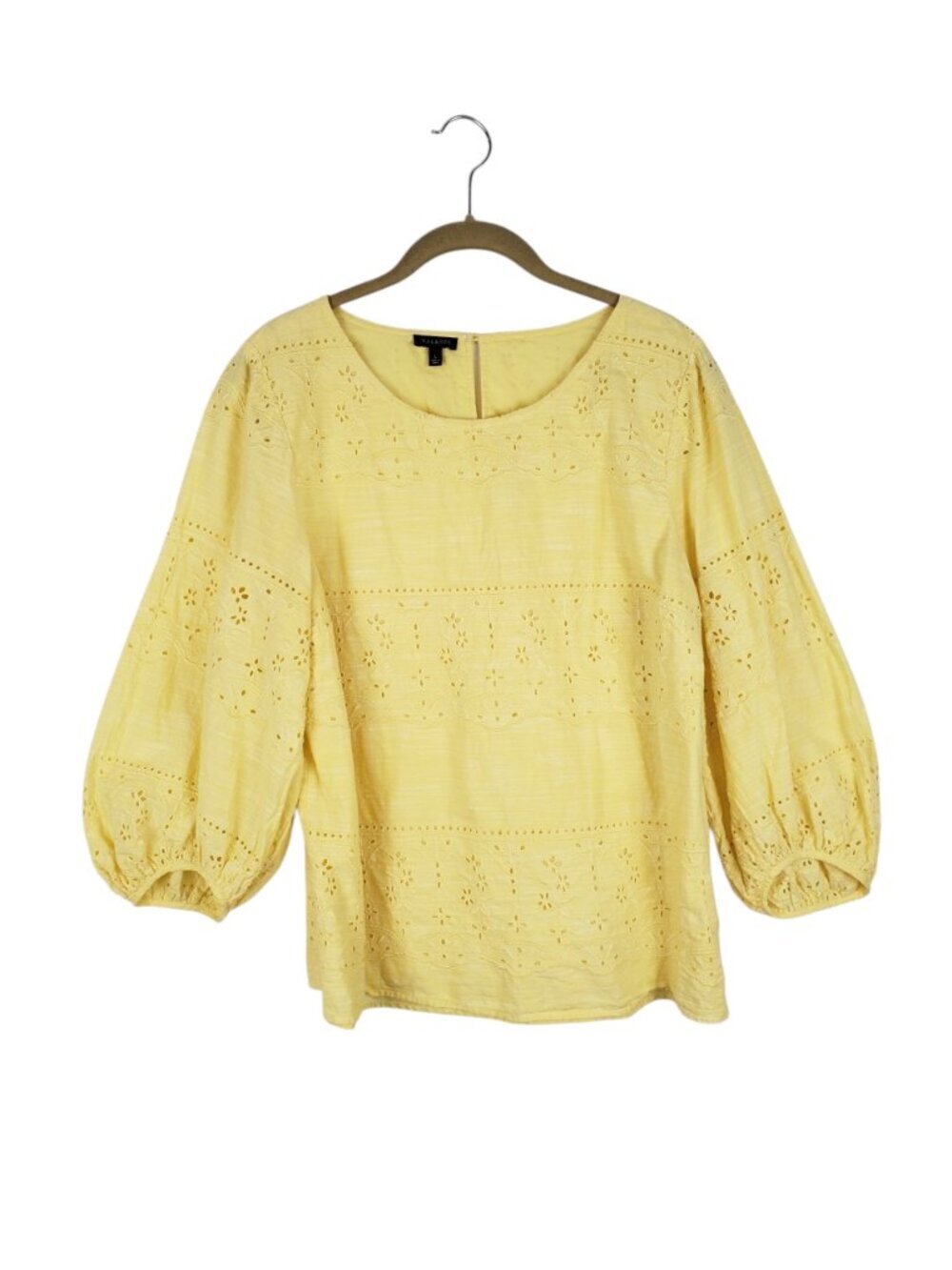 Talbots Embroidered Voile Top Yellow Cotton Eyelet Balloon Sleeve Womens Large